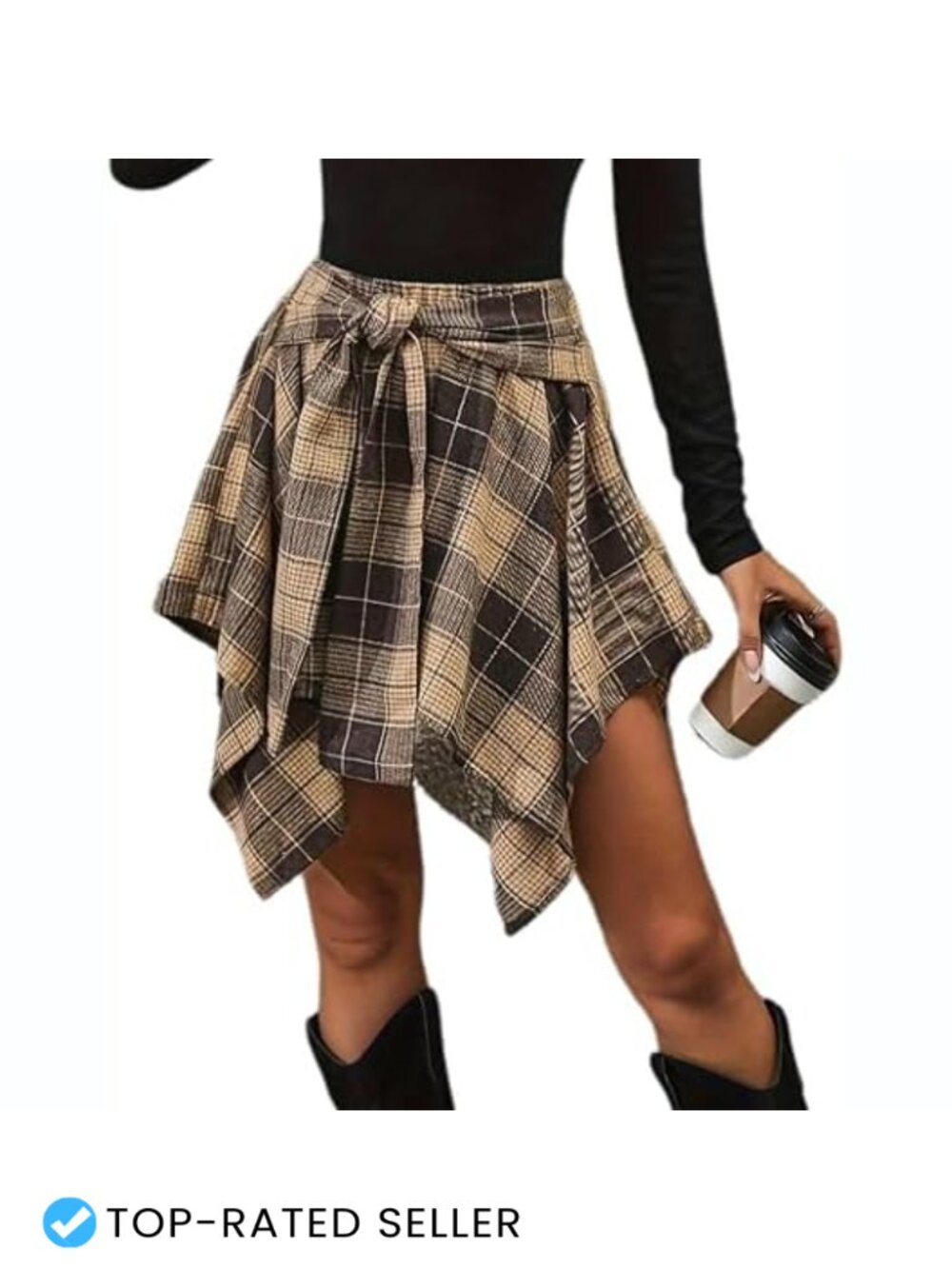 Plaid Mini Skirt High Waisted Asymmetrical Hem A-Line